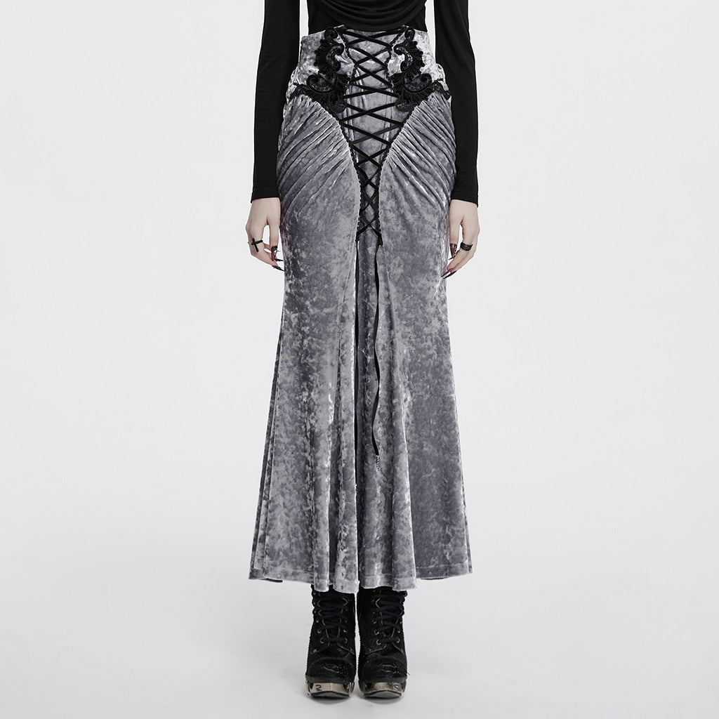 OQ-851BQF Vintage Velvet Lace-Up Gothic Skirt Plunging Maroon Design