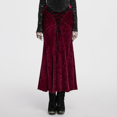 OQ-851BQF Vintage Velvet Lace-Up Gothic Skirt Plunging Maroon Design