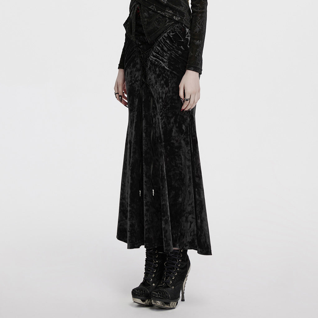 OQ-851BQF Vintage Velvet Lace-Up Gothic Skirt Plunging Maroon Design