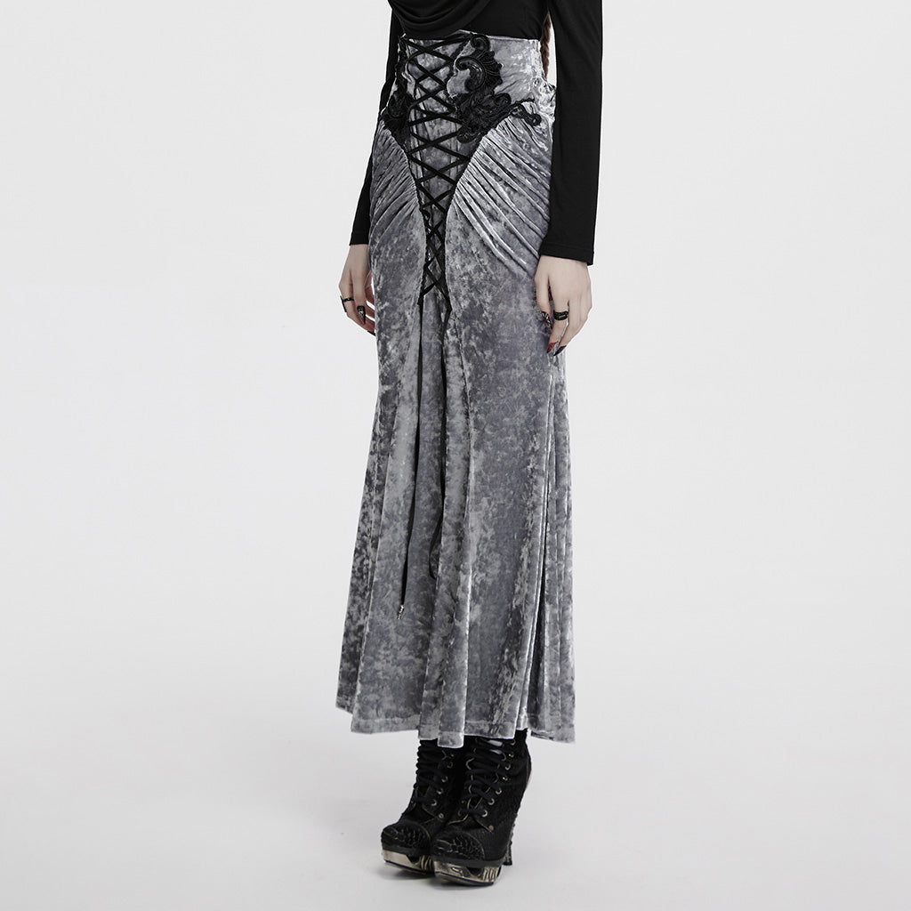 OQ-851BQF Vintage Velvet Lace-Up Gothic Skirt Plunging Maroon Design