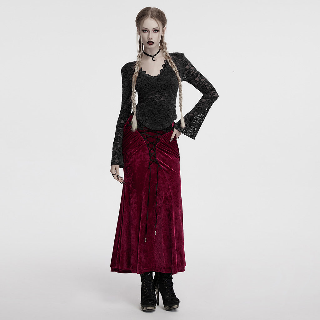 OQ-851BQF Vintage Velvet Lace-Up Gothic Skirt Plunging Maroon Design