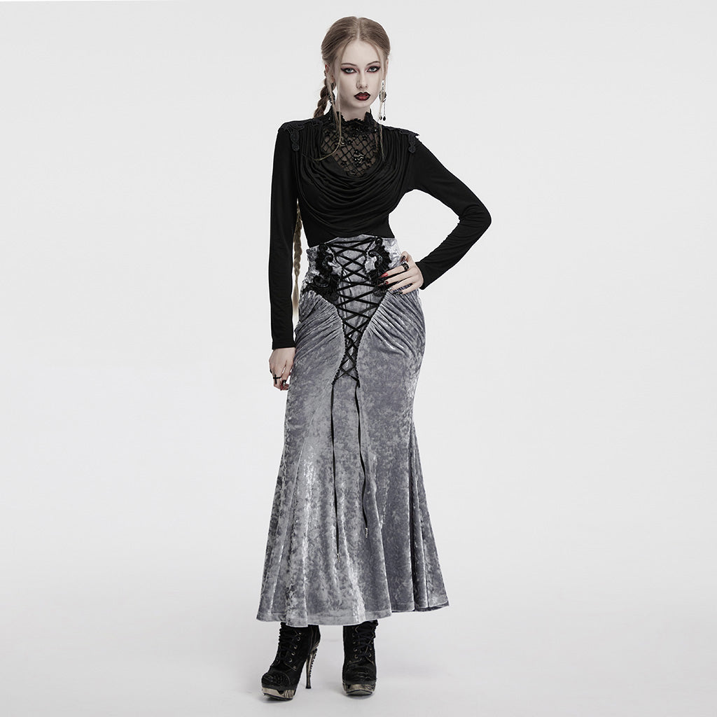 OQ-851BQF Vintage Velvet Lace-Up Gothic Skirt Plunging Maroon Design