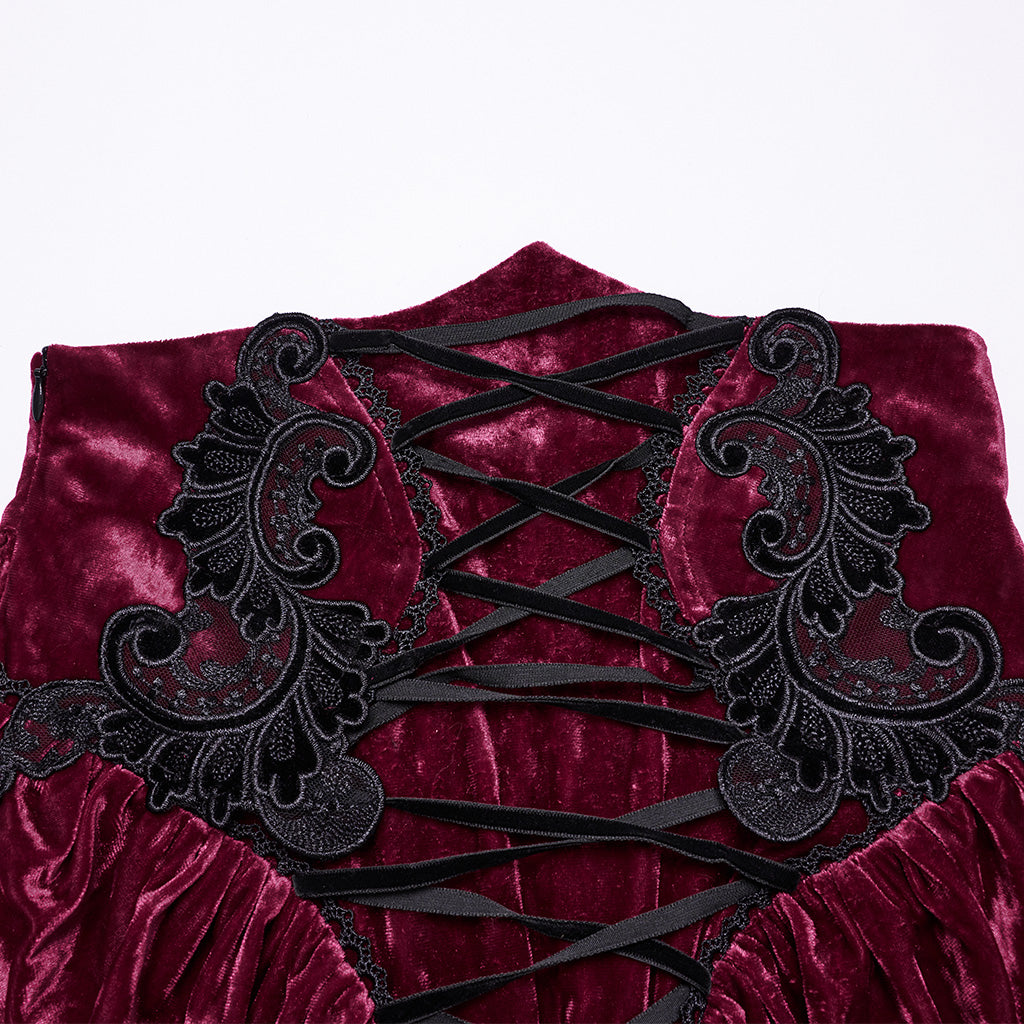 OQ-851BQF Vintage Velvet Lace-Up Gothic Skirt Plunging Maroon Design