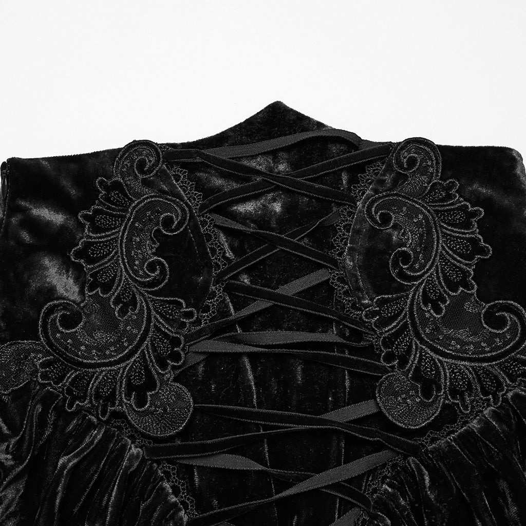 OQ-851BQF Vintage Velvet Lace-Up Gothic Skirt Plunging Maroon Design