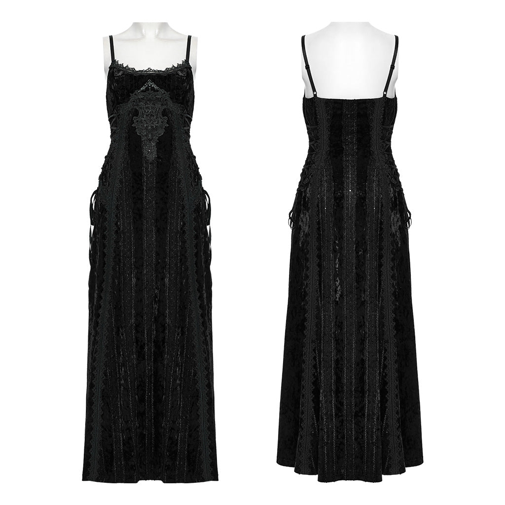OQ-856LQF Luxury Gothic Dress Spaghetti Straps Velvet Long Black Gown