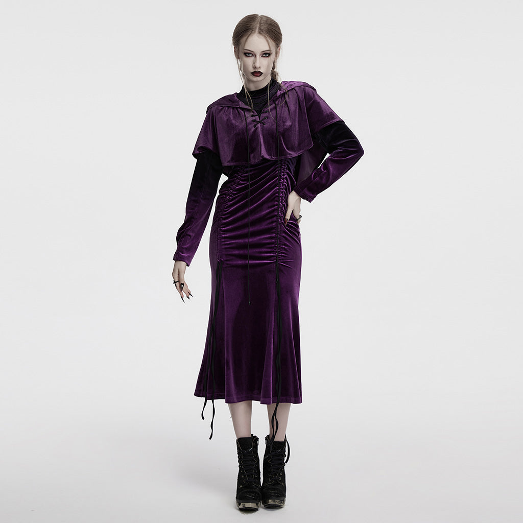 OQ-857LQF Gothic Dress Purple Velvet Ruched Long Sleeve Midi Dress