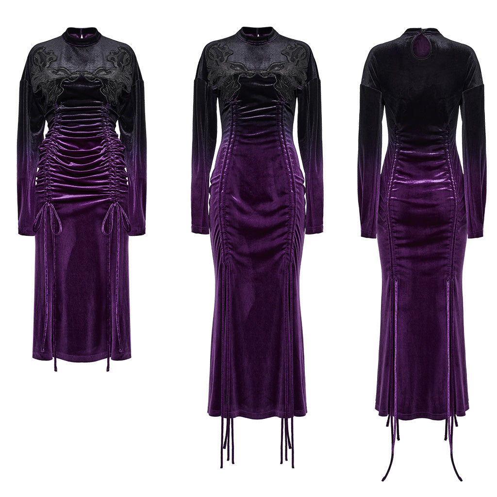 OQ-857LQF Gothic Dress Purple Velvet Ruched Long Sleeve Midi Dress