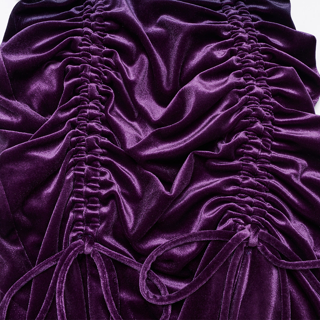 OQ-857LQF Gothic Dress Purple Velvet Ruched Long Sleeve Midi Dress