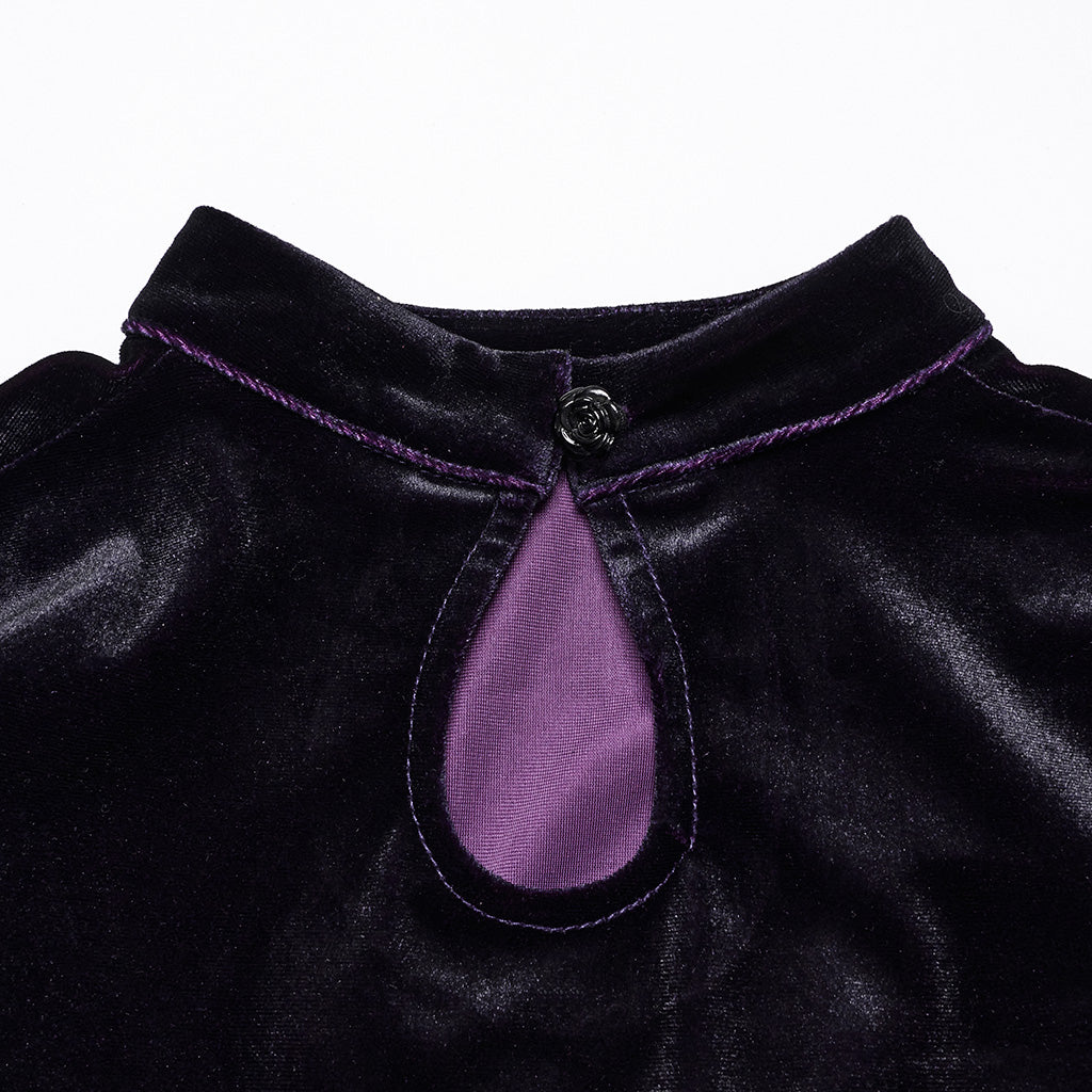 OQ-857LQF Gothic Dress Purple Velvet Ruched Long Sleeve Midi Dress