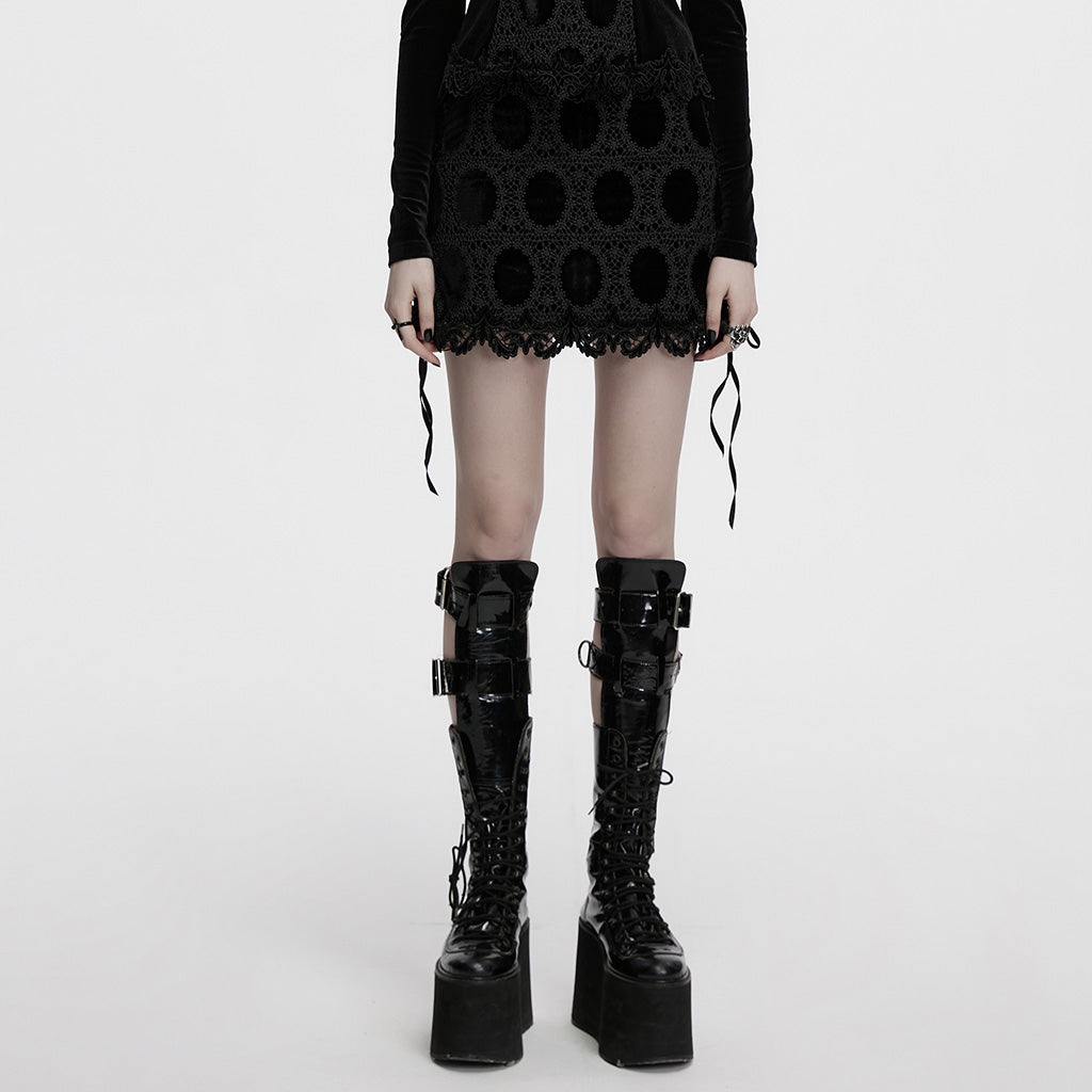OQ-862BQF Gothic Lace Punk Skirt with Circle Pattern and Ruffled Hem