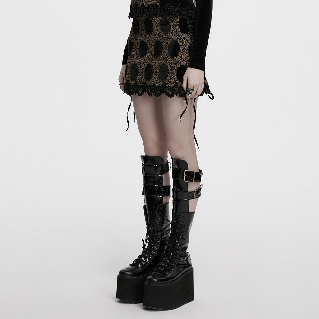 OQ-862BQF Gothic Lace Punk Skirt with Circle Pattern and Ruffled Hem