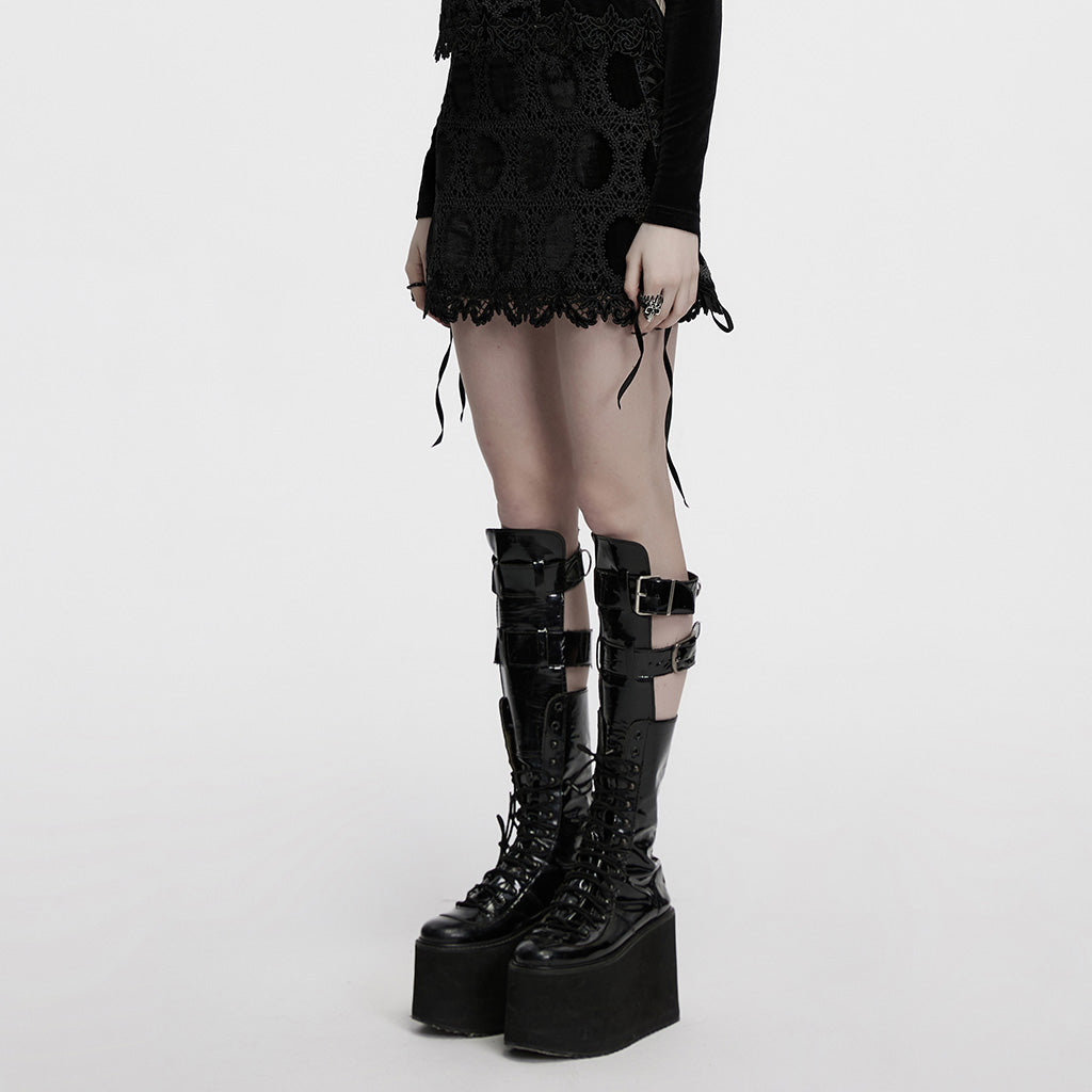 OQ-862BQF Gothic Lace Punk Skirt with Circle Pattern and Ruffled Hem