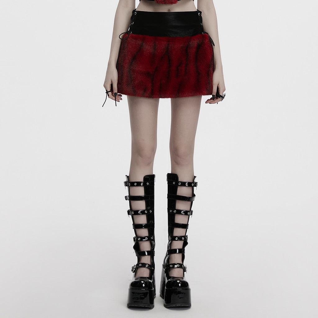 OQ-871BQF Edgy Faux Fur Leather Mini Punk Skirt Bold Goth Style