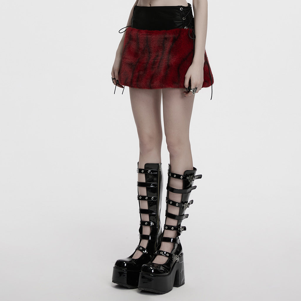OQ-871BQF Edgy Faux Fur Leather Mini Punk Skirt Bold Goth Style