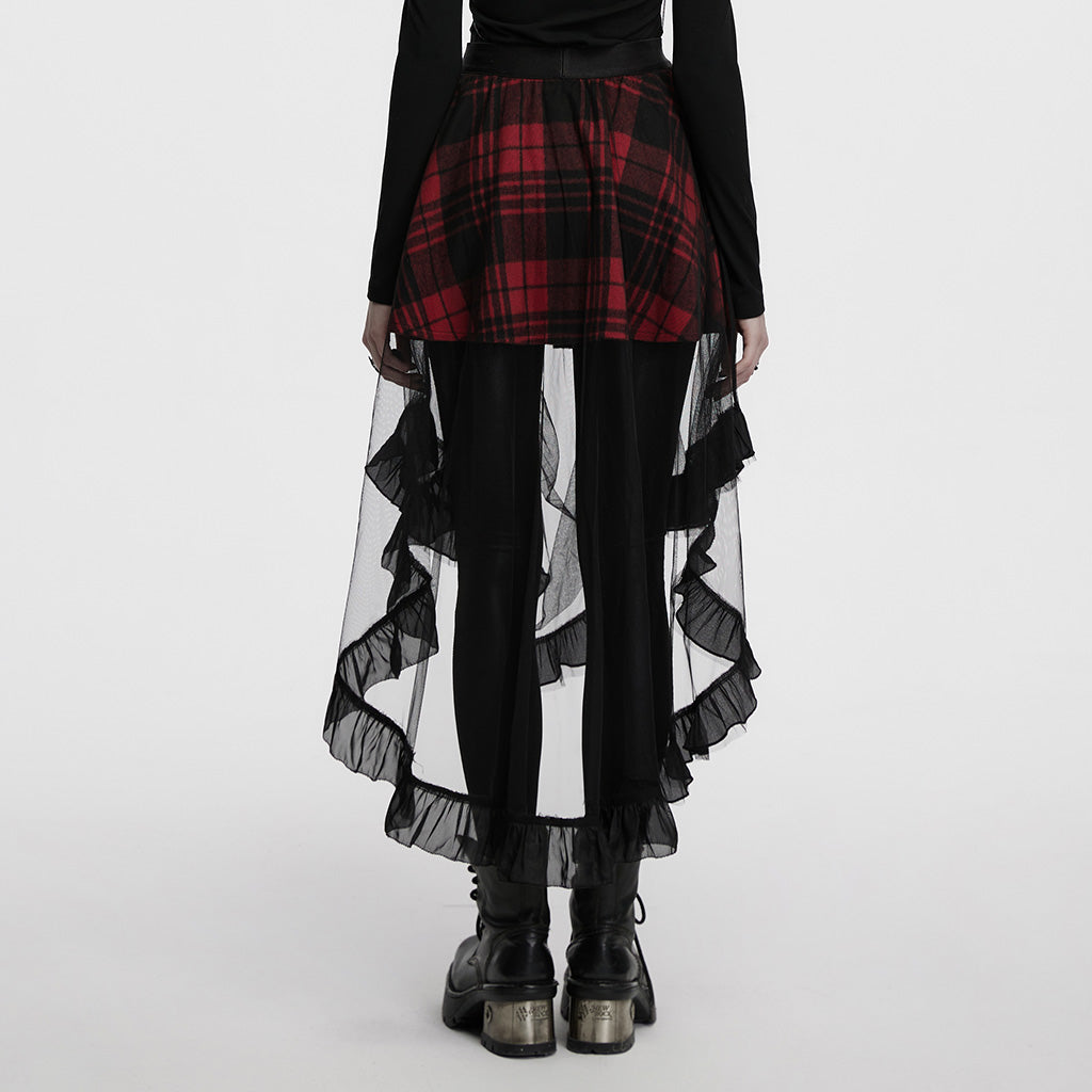 OQ-873BQF Gothic Tartan High-Low Punk Skirt with Sheer Ruffle Layers