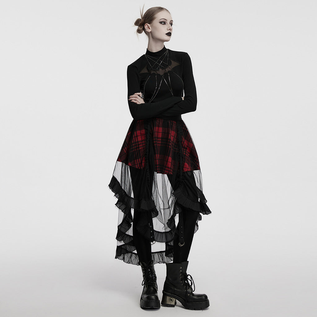OQ-873BQF Gothic Tartan High-Low Punk Skirt with Sheer Ruffle Layers