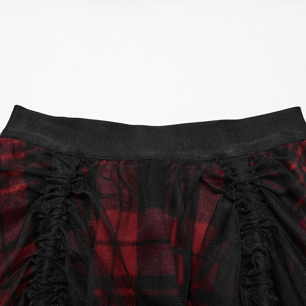 OQ-873BQF Gothic Tartan High-Low Punk Skirt with Sheer Ruffle Layers