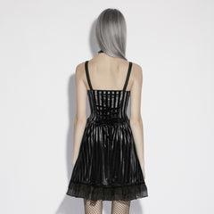 OQ-879LQF Gothic Dress Black Lace Corset Straps Pleated Skirt