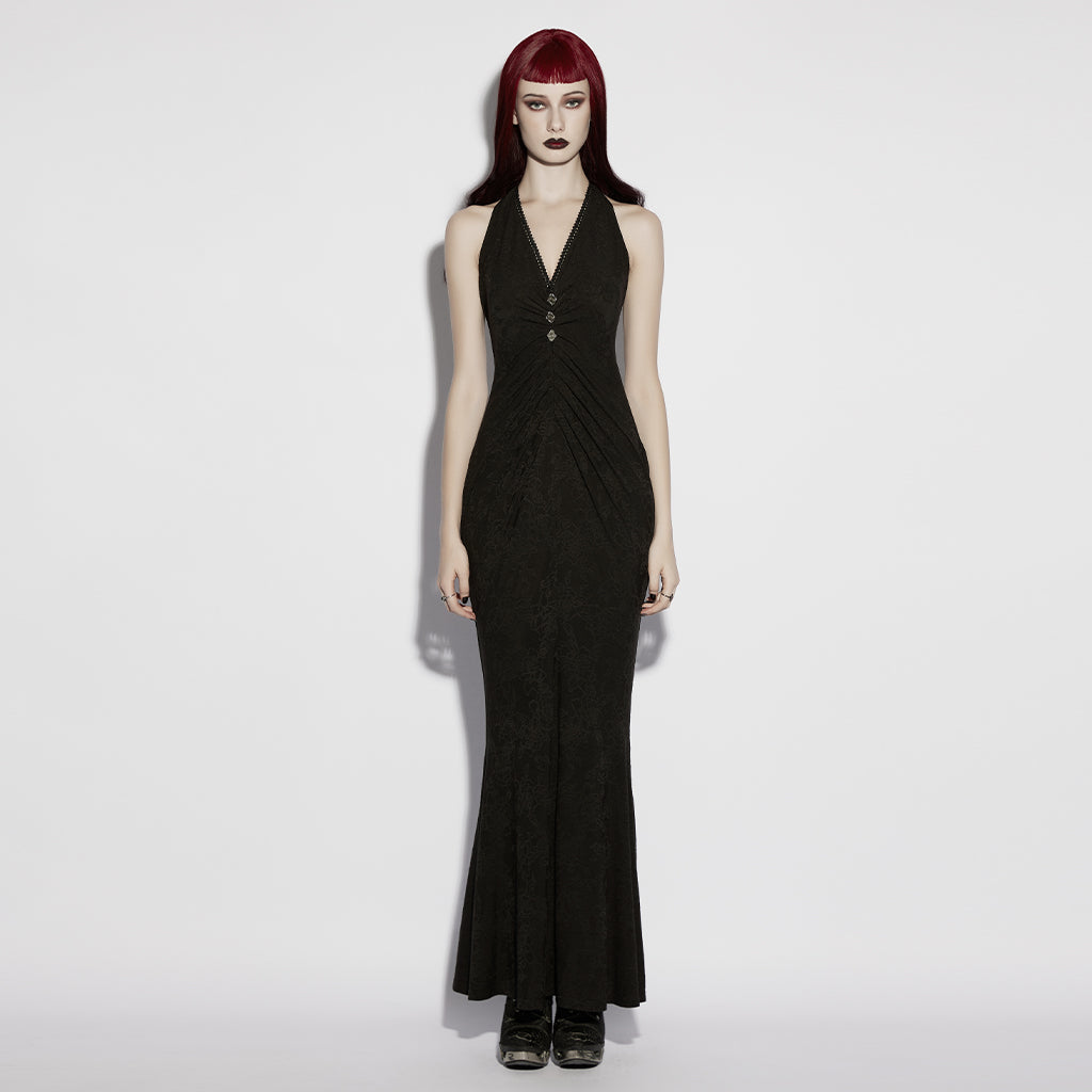 OQ-881LQF Gothic Dress Elegant Halter Neckline Buttoned Long Silhouette