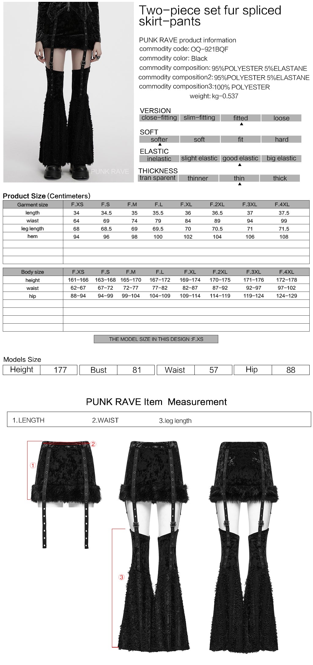 OQ-921BQF Gothic Punk Skirt with Ruffle Hem Straps and Flared Pants Edgy Punk Skirt with Adjustable Straps and Faux Fur Trim Punk Pants Flared Black Velvet Strap Design