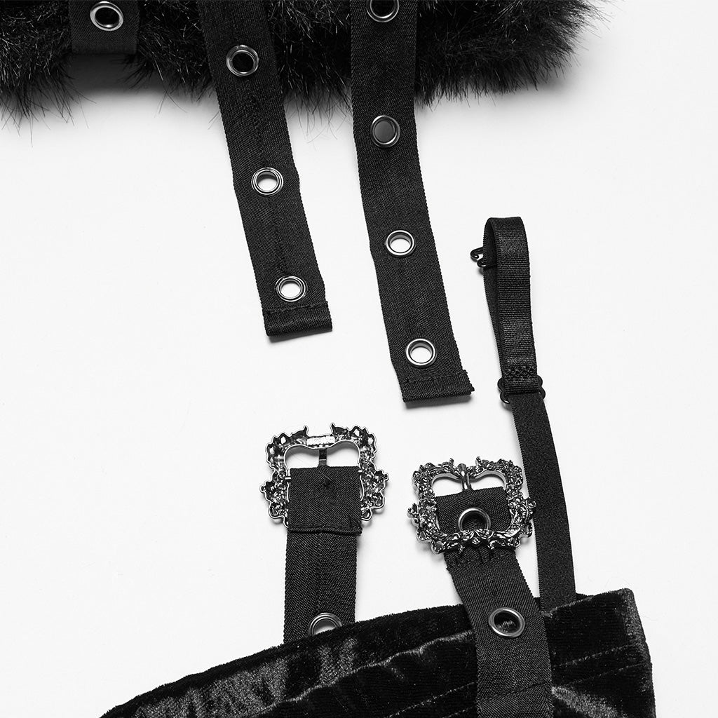 OQ-921BQF Gothic Punk Skirt with Ruffle Hem Straps and Flared Pants Edgy Punk Skirt with Adjustable Straps and Faux Fur Trim Punk Pants Flared Black Velvet Strap Design