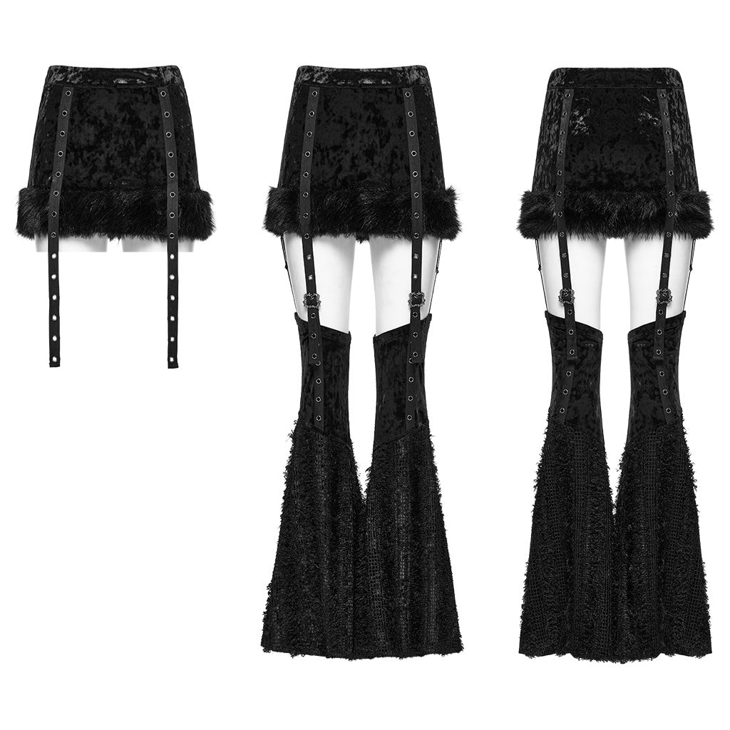 OQ-921BQF Gothic Punk Skirt with Ruffle Hem Straps and Flared Pants Edgy Punk Skirt with Adjustable Straps and Faux Fur Trim Punk Pants Flared Black Velvet Strap Design