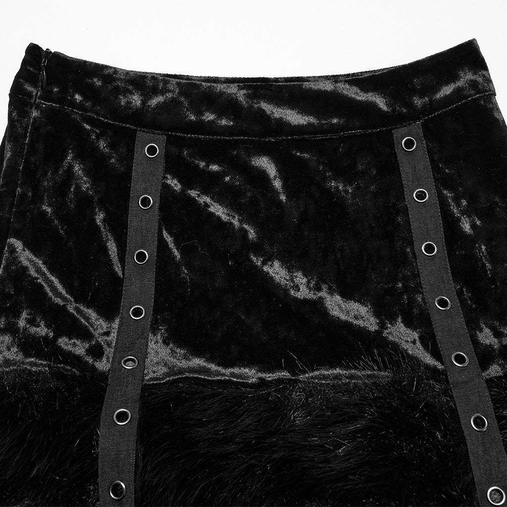 OQ-921BQF Gothic Punk Skirt with Ruffle Hem Straps and Flared Pants Edgy Punk Skirt with Adjustable Straps and Faux Fur Trim Punk Pants Flared Black Velvet Strap Design
