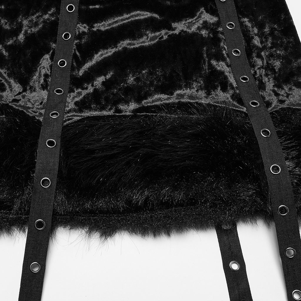 OQ-921BQF Gothic Punk Skirt with Ruffle Hem Straps and Flared Pants Edgy Punk Skirt with Adjustable Straps and Faux Fur Trim Punk Pants Flared Black Velvet Strap Design