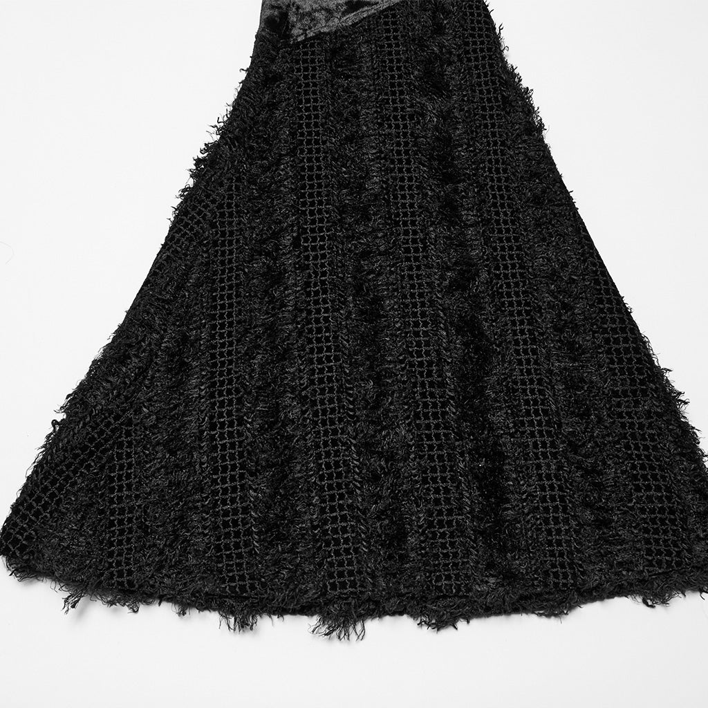 OQ-921BQF Gothic Punk Skirt with Ruffle Hem Straps and Flared Pants Edgy Punk Skirt with Adjustable Straps and Faux Fur Trim Punk Pants Flared Black Velvet Strap Design