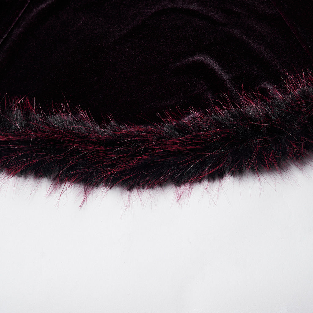 OQ-928LQF Gothic Dress Velvet Maroon Bell Sleeve Fur Trim Hem Velvet Gothic Dress with Faux Fur Cuffs and Hemline Trim Velvet Flare Gothic Dress with Fur Trim Elegant Style