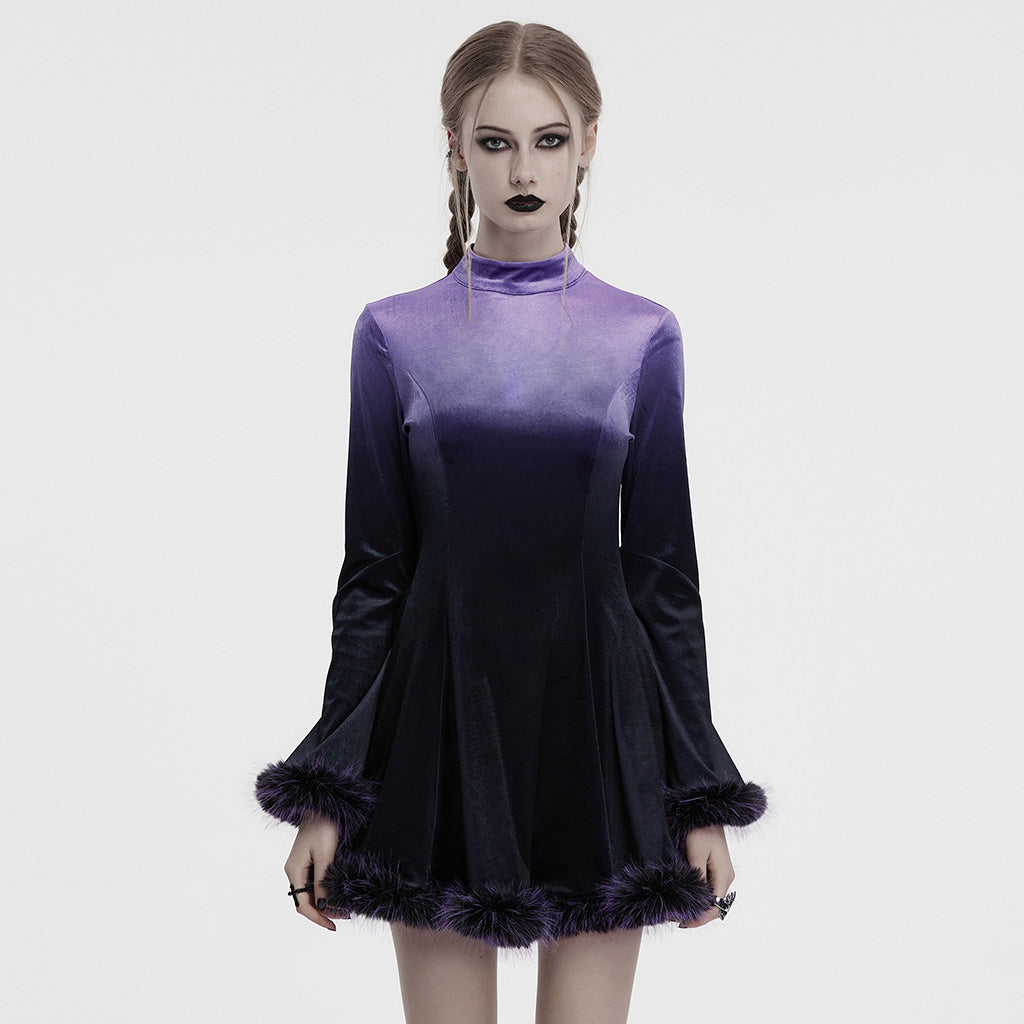 OQ-928LQF Gothic Dress Velvet Maroon Bell Sleeve Fur Trim Hem Velvet Gothic Dress with Faux Fur Cuffs and Hemline Trim Velvet Flare Gothic Dress with Fur Trim Elegant Style