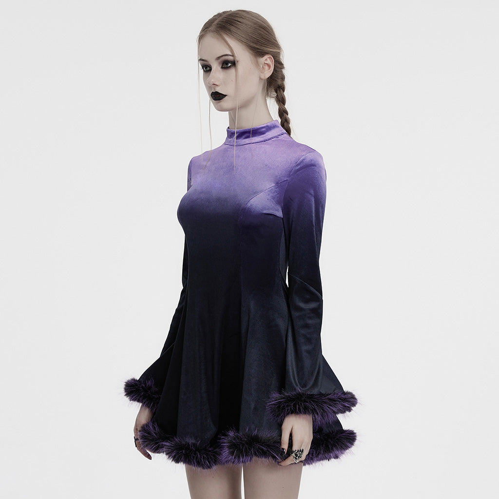 OQ-928LQF Gothic Dress Velvet Maroon Bell Sleeve Fur Trim Hem Velvet Gothic Dress with Faux Fur Cuffs and Hemline Trim Velvet Flare Gothic Dress with Fur Trim Elegant Style