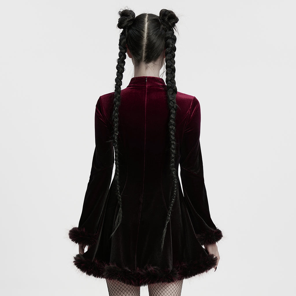 OQ-928LQF Gothic Dress Velvet Maroon Bell Sleeve Fur Trim Hem Velvet Gothic Dress with Faux Fur Cuffs and Hemline Trim Velvet Flare Gothic Dress with Fur Trim Elegant Style