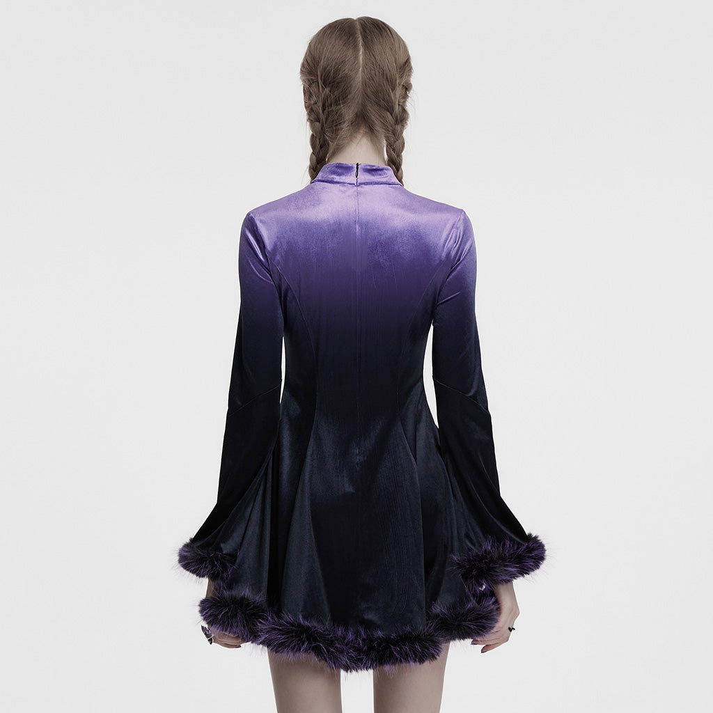 OQ-928LQF Gothic Dress Velvet Maroon Bell Sleeve Fur Trim Hem Velvet Gothic Dress with Faux Fur Cuffs and Hemline Trim Velvet Flare Gothic Dress with Fur Trim Elegant Style