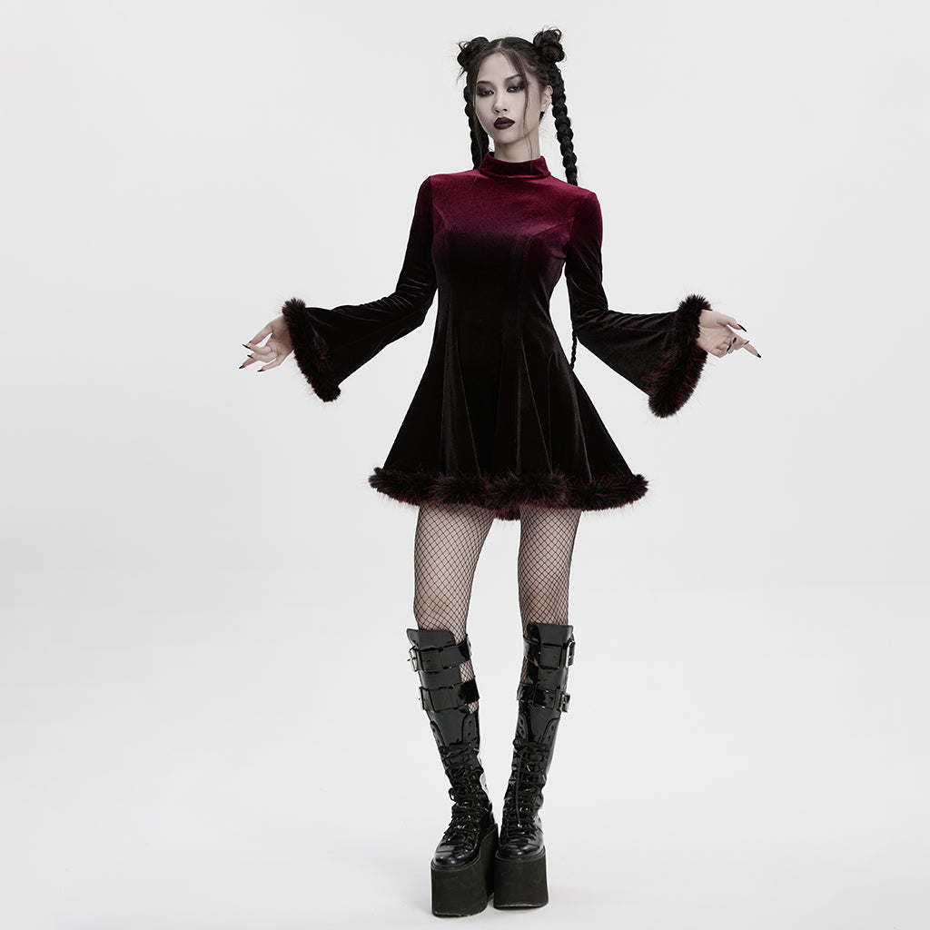 OQ-928LQF Gothic Dress Velvet Maroon Bell Sleeve Fur Trim Hem Velvet Gothic Dress with Faux Fur Cuffs and Hemline Trim Velvet Flare Gothic Dress with Fur Trim Elegant Style