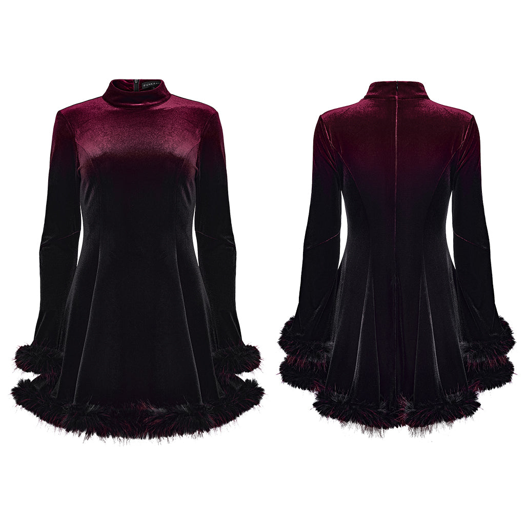 OQ-928LQF Gothic Dress Velvet Maroon Bell Sleeve Fur Trim Hem Velvet Gothic Dress with Faux Fur Cuffs and Hemline Trim Velvet Flare Gothic Dress with Fur Trim Elegant Style