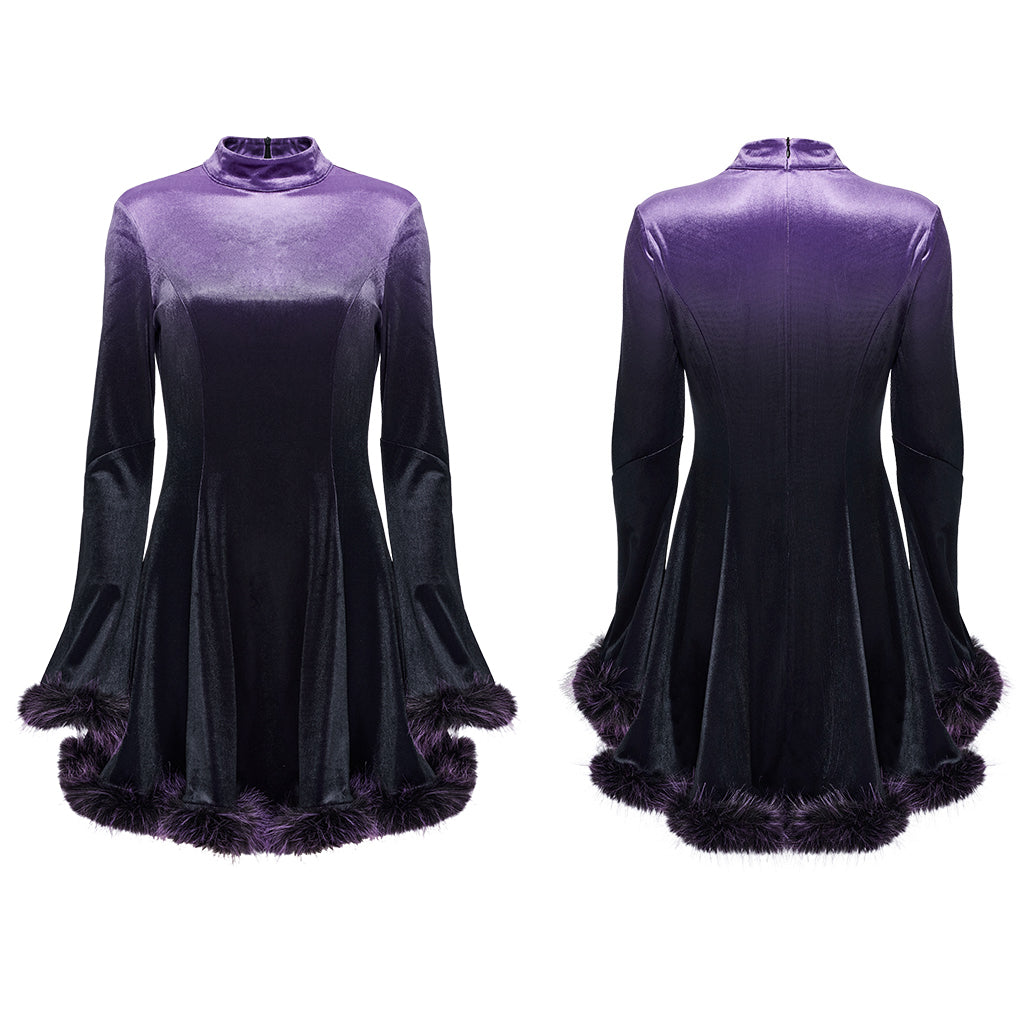 OQ-928LQF Gothic Dress Velvet Maroon Bell Sleeve Fur Trim Hem Velvet Gothic Dress with Faux Fur Cuffs and Hemline Trim Velvet Flare Gothic Dress with Fur Trim Elegant Style