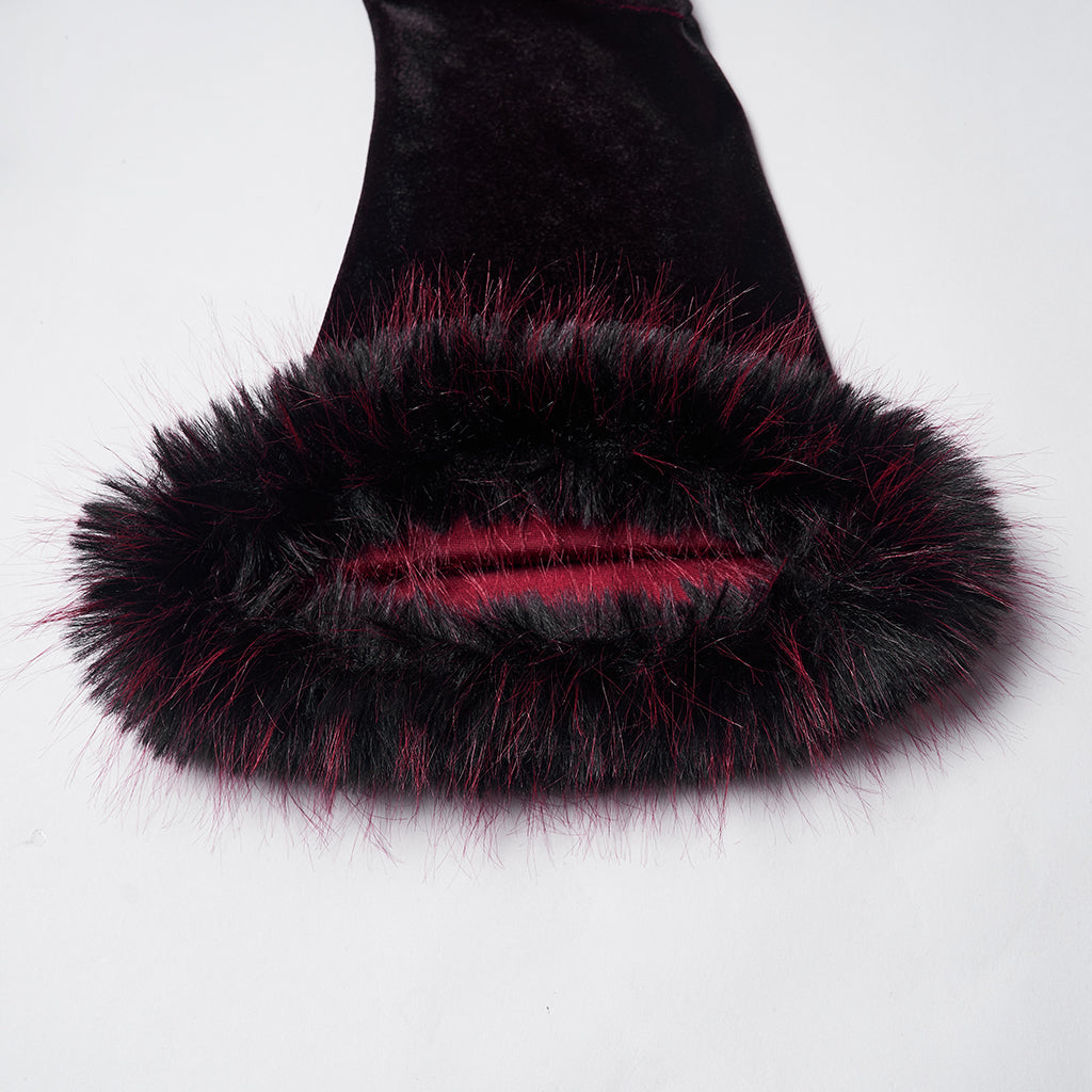 OQ-928LQF Gothic Dress Velvet Maroon Bell Sleeve Fur Trim Hem Velvet Gothic Dress with Faux Fur Cuffs and Hemline Trim Velvet Flare Gothic Dress with Fur Trim Elegant Style