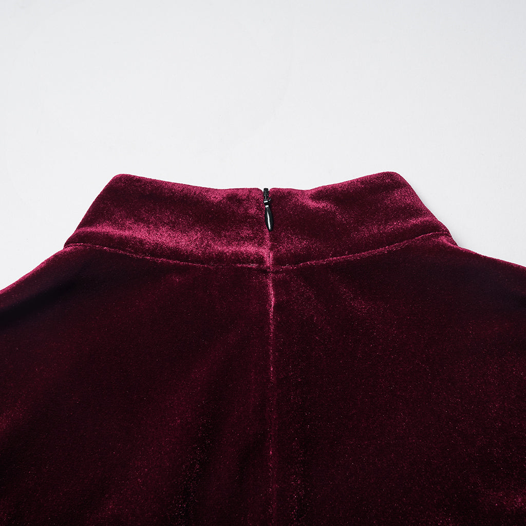OQ-928LQF Gothic Dress Velvet Maroon Bell Sleeve Fur Trim Hem Velvet Gothic Dress with Faux Fur Cuffs and Hemline Trim Velvet Flare Gothic Dress with Fur Trim Elegant Style