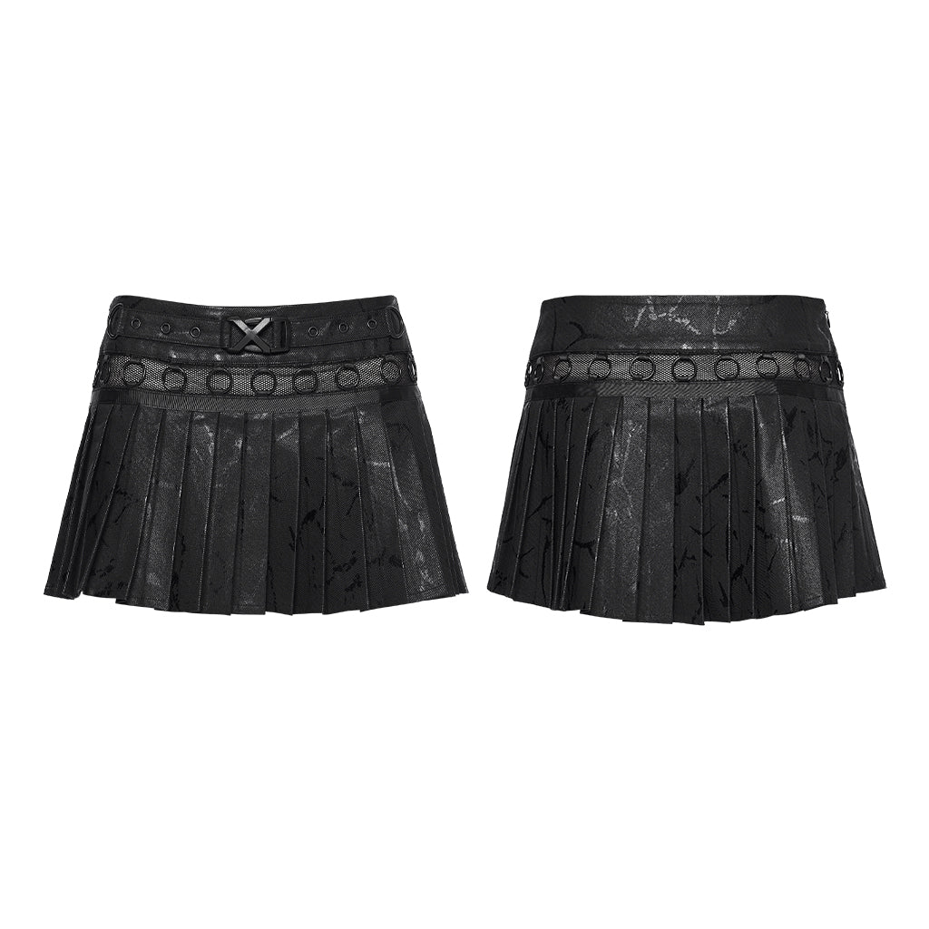 OQ-953BQF Gothic Skirt Pleated Black Leather Belted Mini
