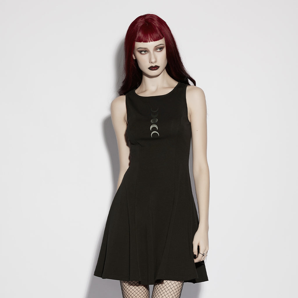 OQ-958LQF Gothic Dress Moon Phases Sleeveless Black Skater Style