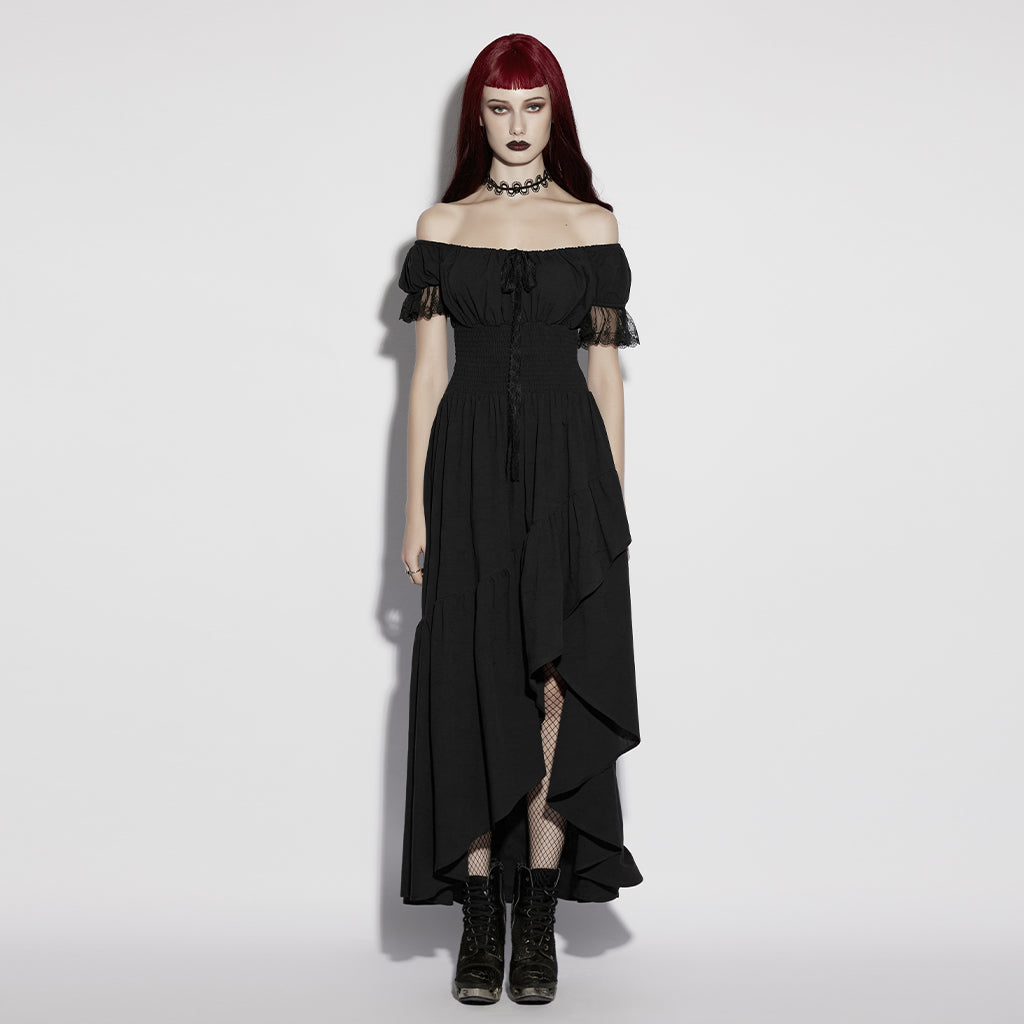 OQ-959LQF Gothic Dress Off-Shoulder Black Asymmetrical Ruffled Lace Hem Design