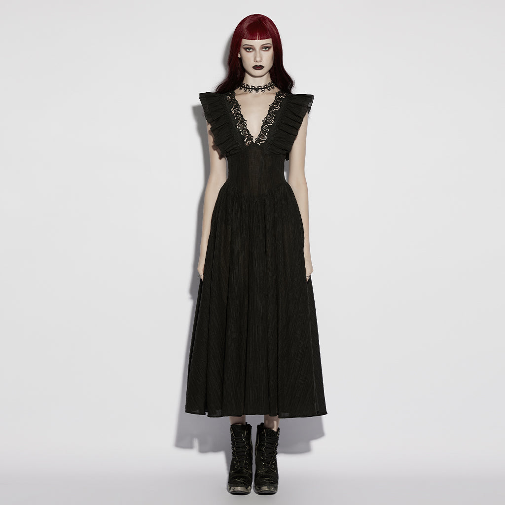 OQ-970LQF Gothic Dress Elegant Black Ruffled Deep V-Neck Maxi Gown