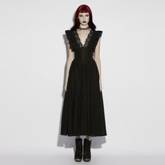 OQ-970LQF Gothic Dress Elegant Black Ruffled Deep V-Neck Maxi Gown