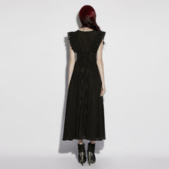 OQ-970LQF Gothic Dress Elegant Black Ruffled Deep V-Neck Maxi Gown