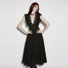 OQ-970LQF Gothic Dress Elegant Black Ruffled Deep V-Neck Maxi Gown