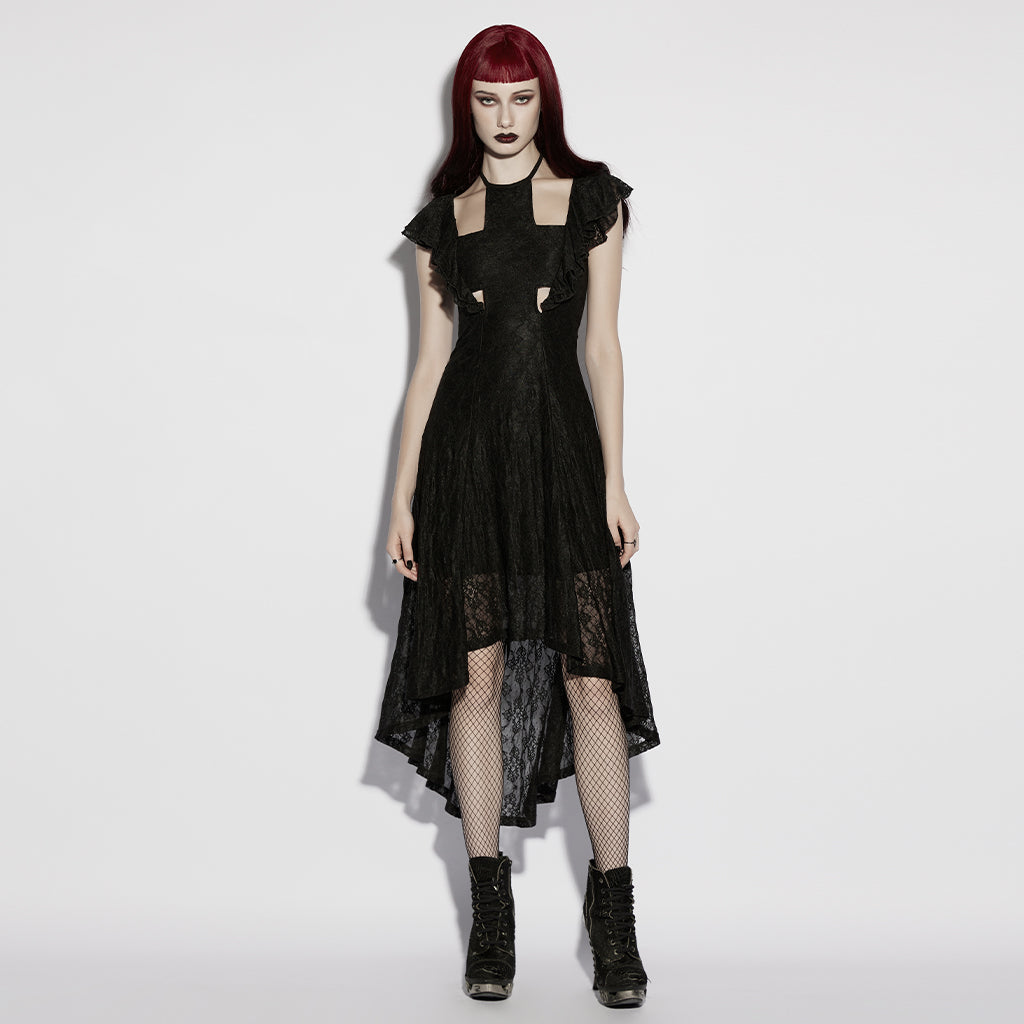 OQ-973DQF Gothic Dress Asymmetric Lace High-Low Cut-Out Ruffle Sleeves