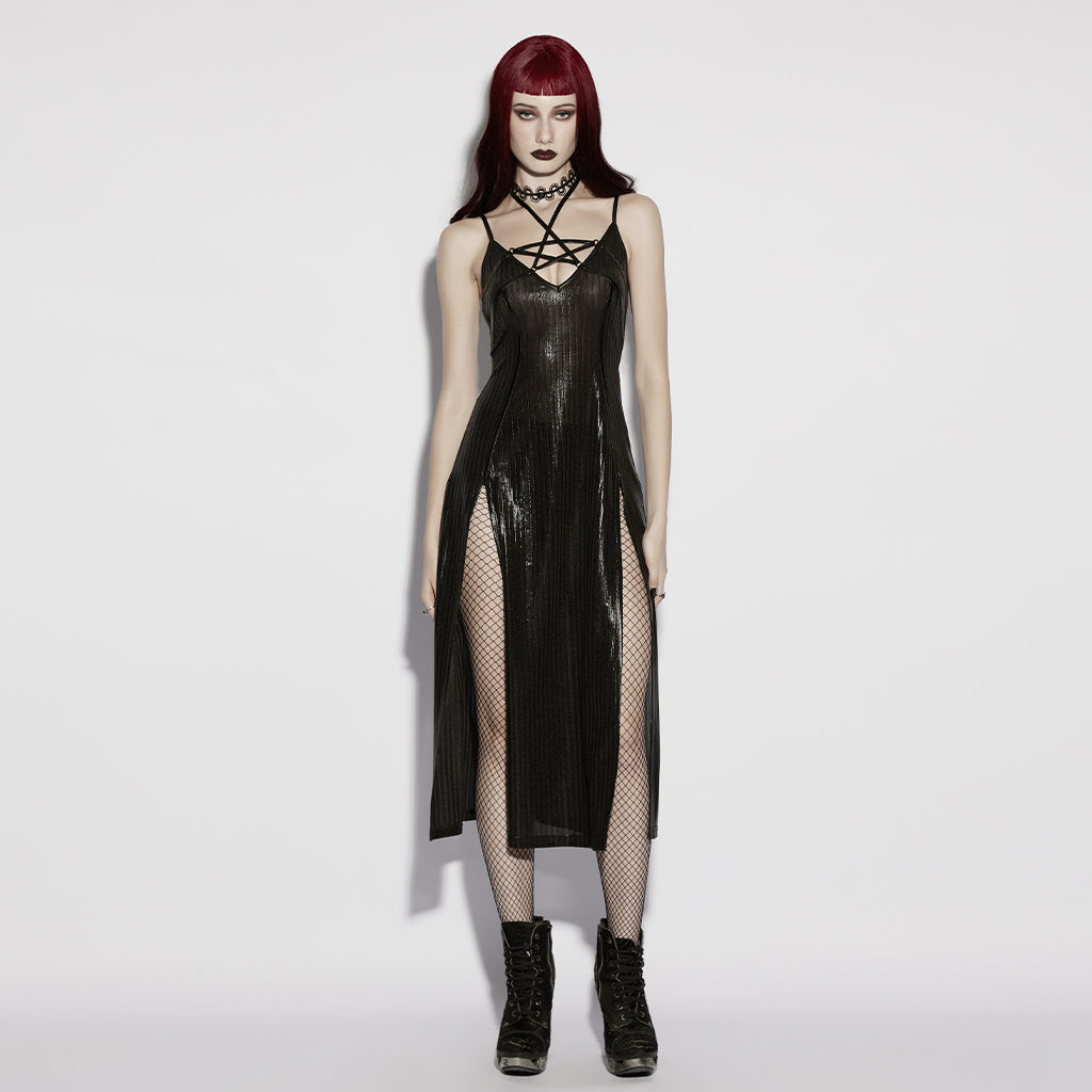 OQ-976LQF Sleek Strappy Gothic Dress with High Slits and Sheer Overlay