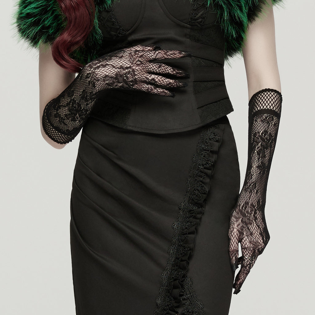OS-1011SSF Gothic Accessories Elegant Black Lace Fingerless Gloves