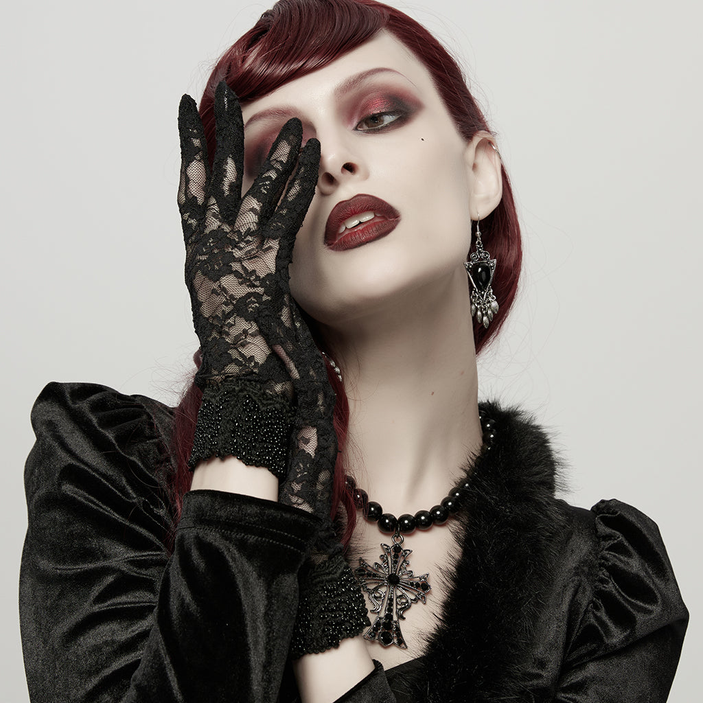 OS-1012SSF Elegant Lace Gloves Gothic Accessories with Beaded Cuffs